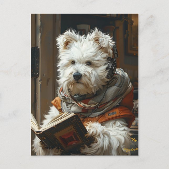 En tyst liten Hund som läser en Bok Vykort (Framsida)