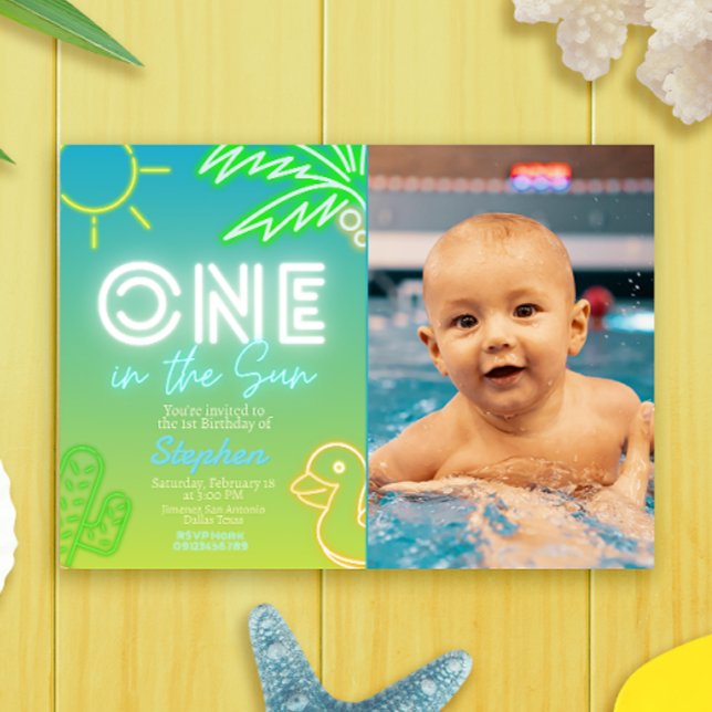 En under solen - Poolparty Inbjudningar (One in the Sun - Pool Party Landscape Invitation with Photo Picture)