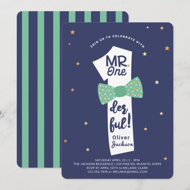 En underbar Bowtie Navy & Grönt 1st Birthday Inbjudningar (Fram/baksida)
