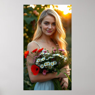 En underbar flicka med Bouquet av Daisy och poppie Poster