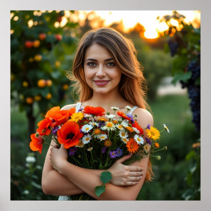 En underbar flicka med Bouquet av Daisy och poppie Poster