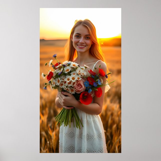 En underbar flicka med Bouquet av Daisy och poppie Poster (Framsidan)