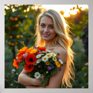 En underbar flicka med Bouquet av Daisy och poppie Poster