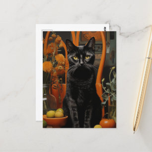 En underbar svart katt i en Orange stol Vykort