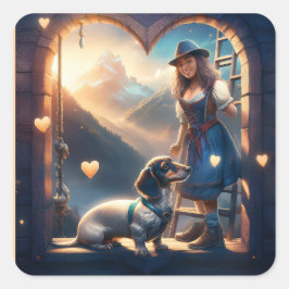 En ung Alpine-flicka och hennes älskande Dachshund Fyrkantigt Klistermärke