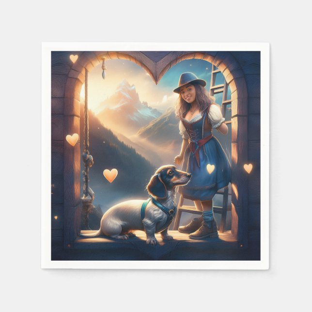 En ung Alpine-flicka och hennes älskande Dachshund Pappersservett (Framsidan)