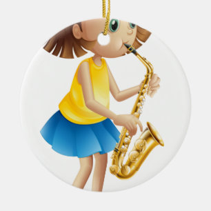 En ung dam som leker med saxofonen julgransprydnad keramik