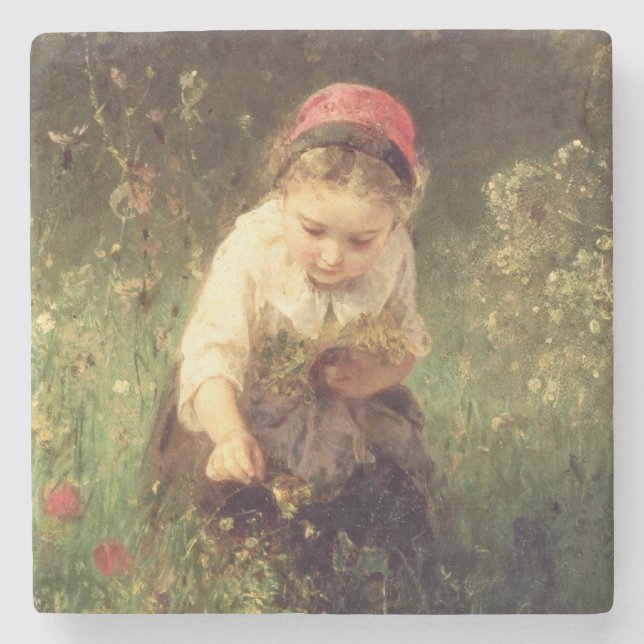 En ung flicka i ett fält underlägg sten (Framsidan)