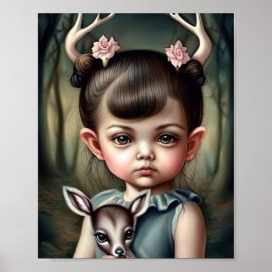 En ung flicka som håller en hjort i sin arm poster