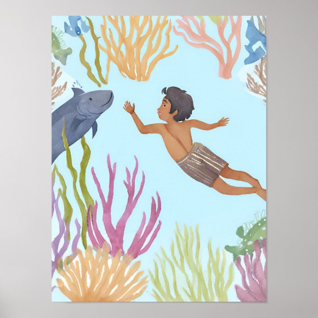En ung pojke fri dykning i karibböna poster (Framsidan)