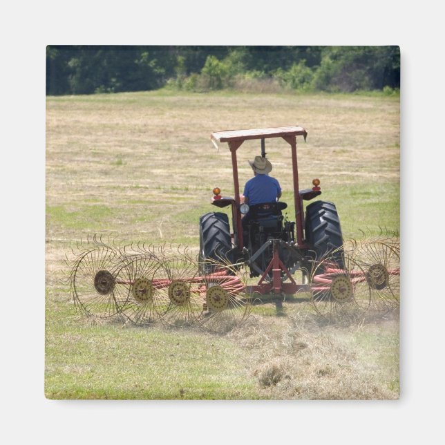 En ung pojke kör en traktor som skördar magnet (Framsidan)