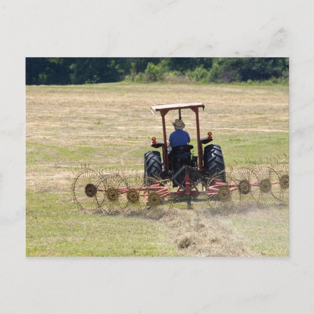 En ung pojke kör en traktor som skördar vykort (Framsida)