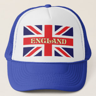 En Union Jack flagga med England över hela den Truckerkeps