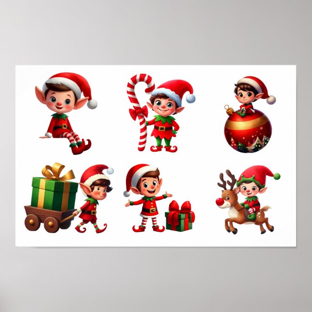 En uppsättning julklappar i olika former poster (Framsidan)