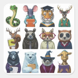 En uppsättning med 12 Back to school kutdjur Fyrkantigt Klistermärke