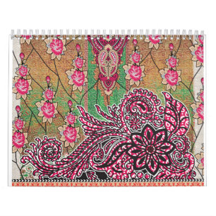 en utformning av rosa och brunt paisley mönster kalender