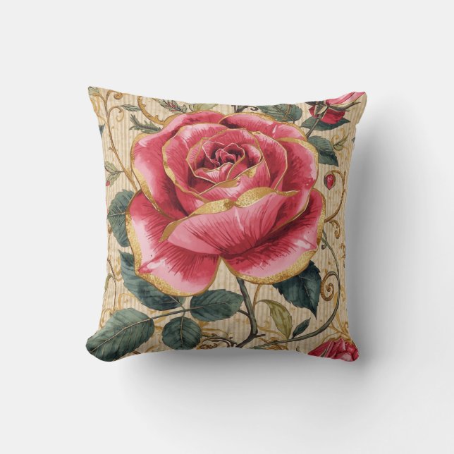 En vacker chockerande rosa ros, guld, lyxig kudde (Framsida)