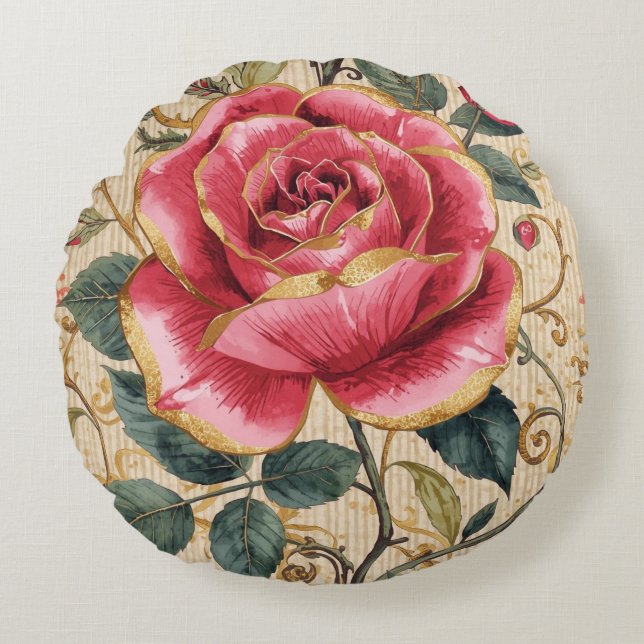 En vacker chockerande rosa ros, guld, lyxig rund kudde (Framsidan)