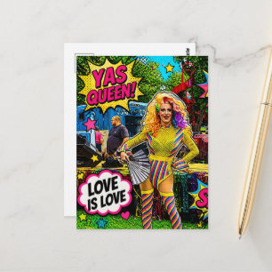En vacker dragqueen färgrik popkonst vykort