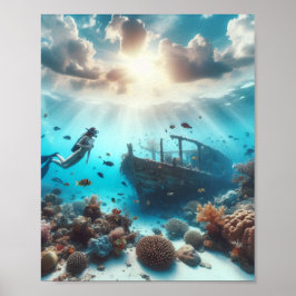 En vacker dykare observerar ett skeppsvrak poster