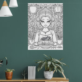 En vacker flicka i ett café poster