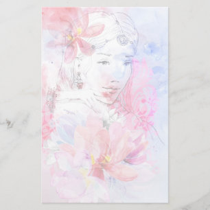 En vacker flicka med blombukett brevpapper