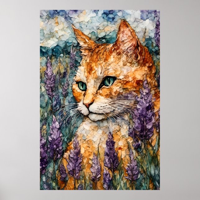 En vacker gingerkatt i lavender fält poster (Framsidan)