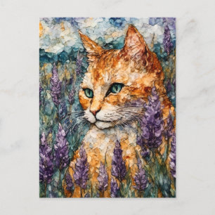 En vacker gingerkatt i lavender fält vykort