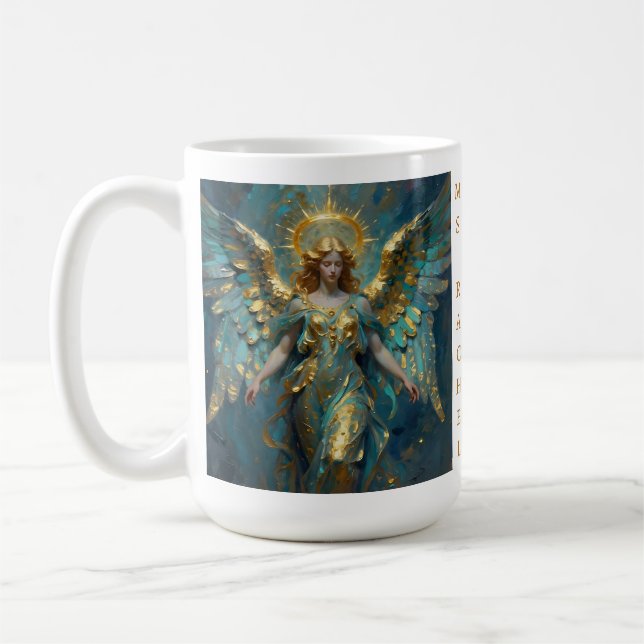 En vacker guldbelagd och turkos ängelpersonlig kaffemugg (Vänster)