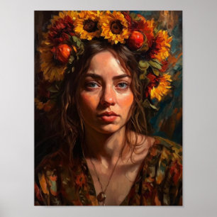 En vacker kvinna med solblommor i hennes hår poster