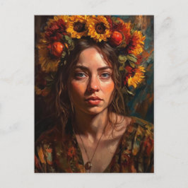 En vacker kvinna med solrosor i håret vykort