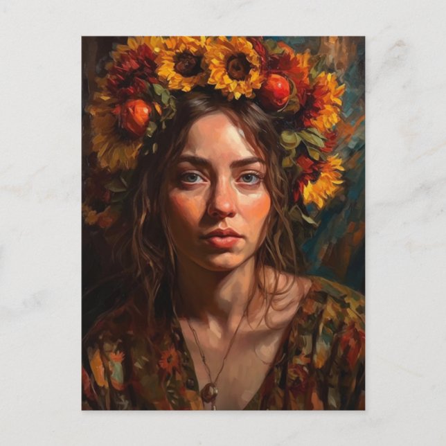 En vacker kvinna med solrosor i håret vykort (Framsida)