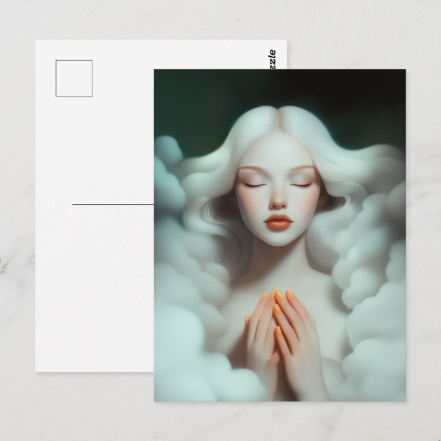 En vacker kvinna som är mediterad i molnen vykort (Fram/baksida)