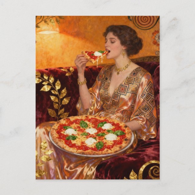 En vacker kvinna som äter pizza vykort (Framsida)
