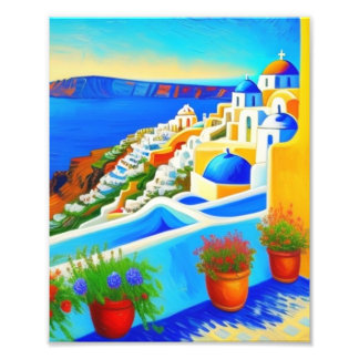 En vacker målning av ön Santorini Fototryck