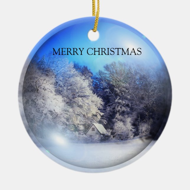 En vacker snowy bild julgransprydnad keramik (Framsidan)