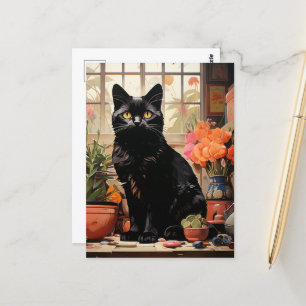En vacker svart katt i huset vykort