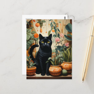 En vacker svart katt Posas som Houseplant Vykort