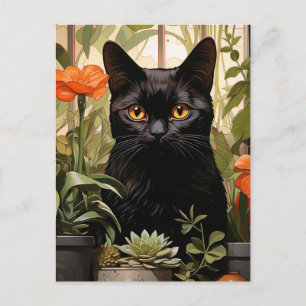 En vacker svart katt suckulenter och blommor vykort