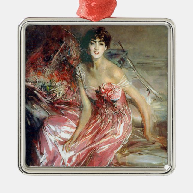 En vacker ung kvinna i en Rosa Dress Julgransprydnad Metall (Framsidan)