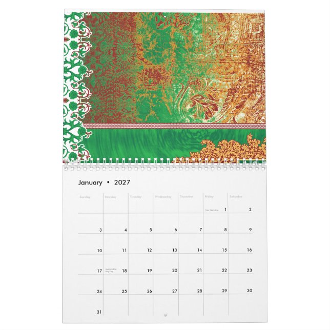 En vackert designad indiansk scarf i grönt och o kalender (Jan 2027)