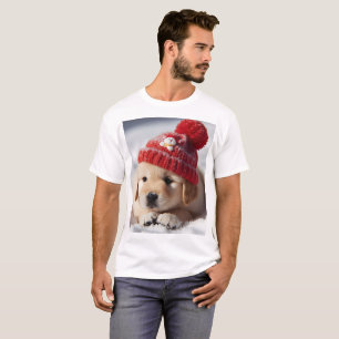 en valp med röd hatt med snögubbe på den t shirt