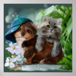 En valp och en grått-kitten poster