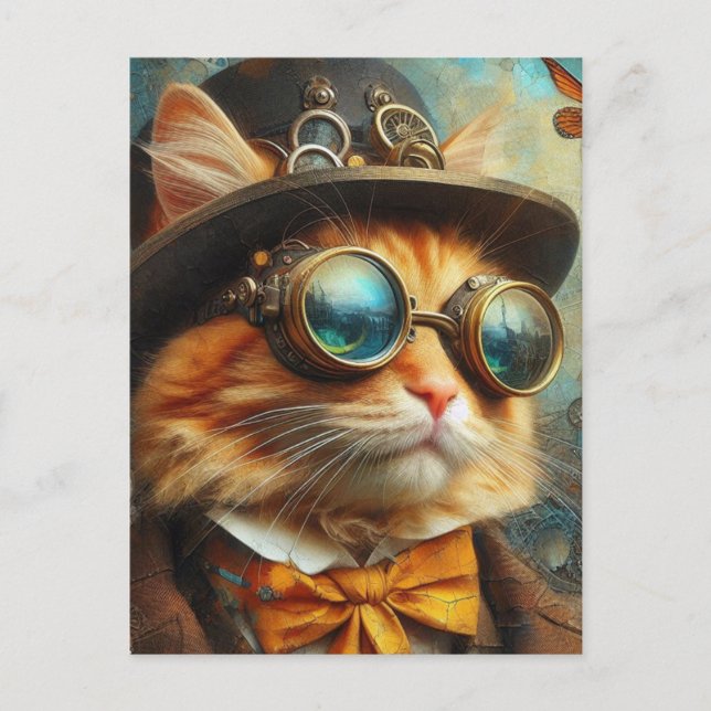 en välvillig steampunk gingerkatt vykort (Framsida)