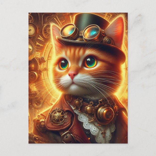 en välvillig steampunk gingerkatt vykort (Framsida)