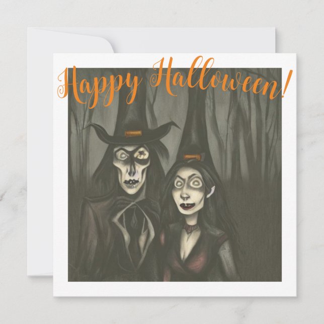 En vampyr och en häxa på Halloween Kort (Framsida)