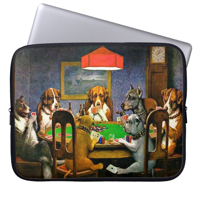 En vän i nöd, hundar som spelar poker, laptop fodral (Framsidan)