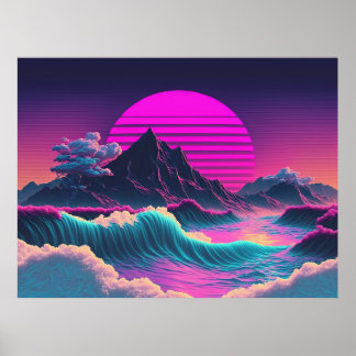 En Vaporwave Sunset som förbiser havet Poster