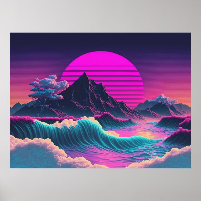 En Vaporwave Sunset som förbiser havet Poster (Framsidan)
