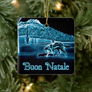 En Varg på Snö - Buon Natale Julgransprydnad Keramik